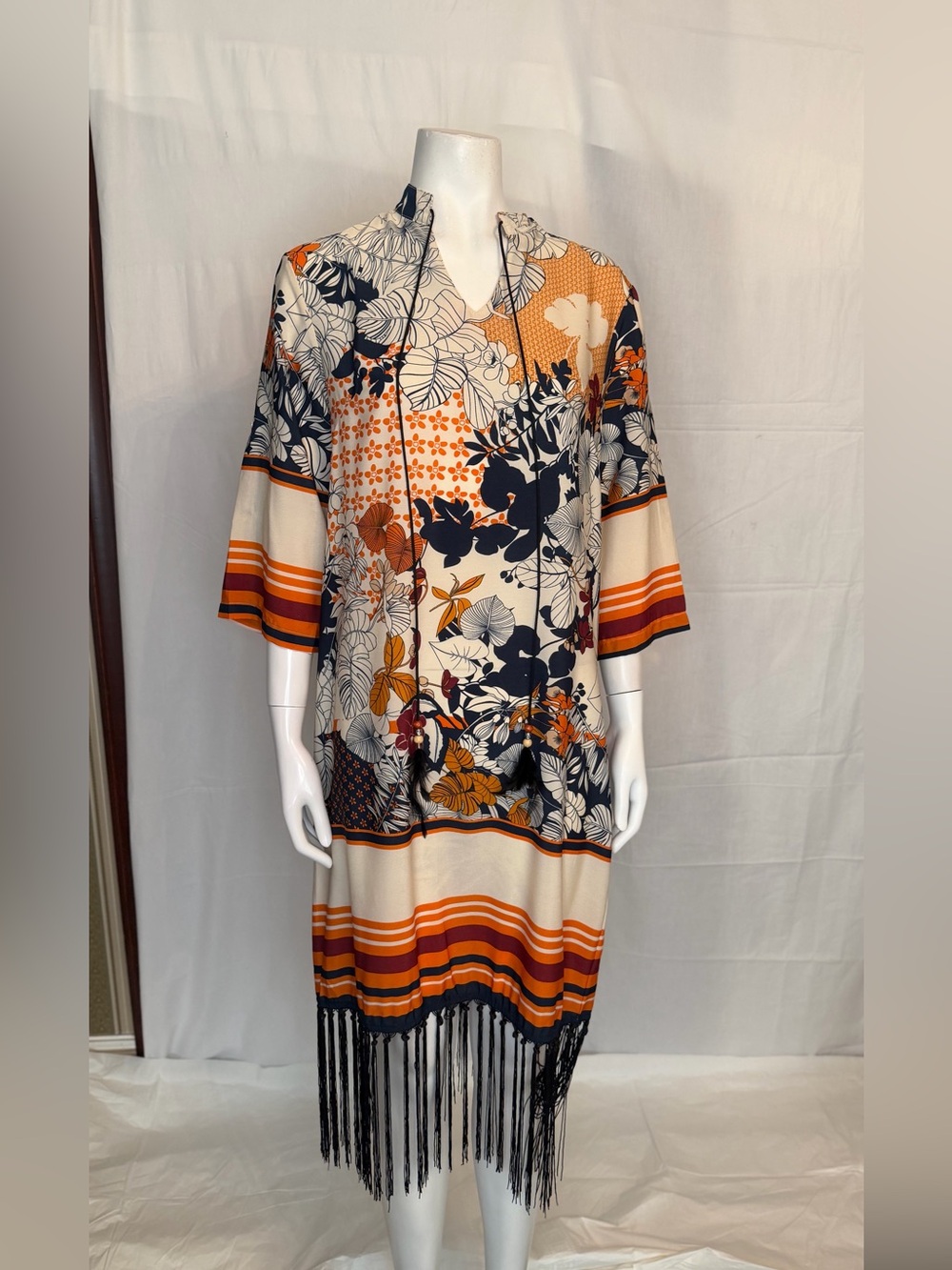 Vogue Floral Fringe Tunic in Navy, Cream & Orange